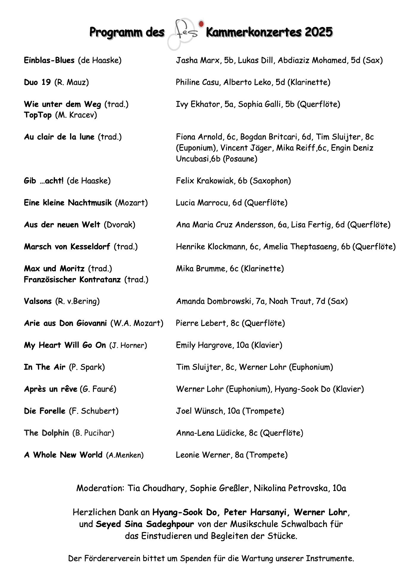 Programmübersicht des FES Kammerkonzerts 2025